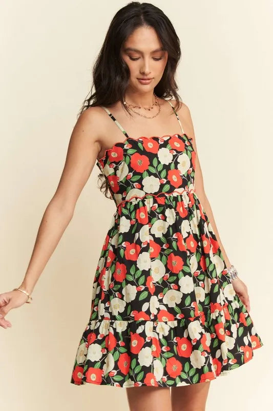 Floral Scalloped Cutout Back Mini Dress in Black - product view 5