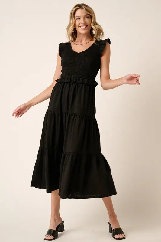 Smocked Ruffled Tiered Midi Dress in Black - product view 3