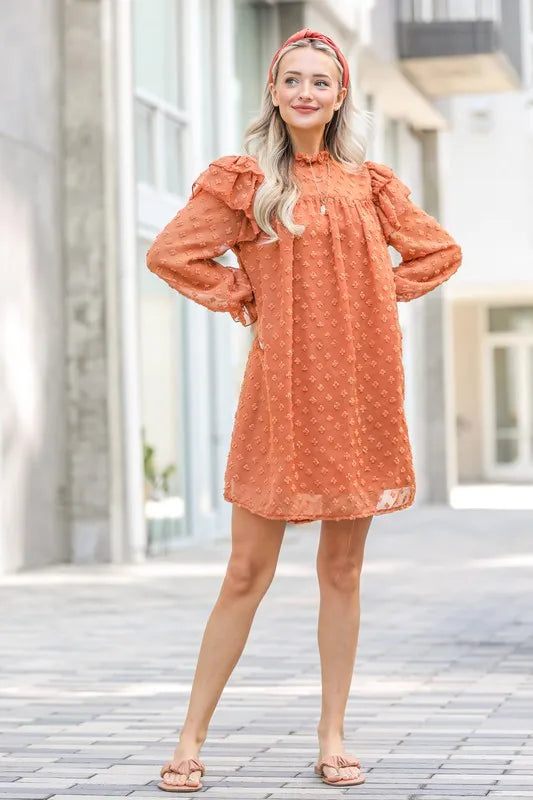 Lovely Ruffle Shoulder with Textured Woven Dress in Camel - product view 4