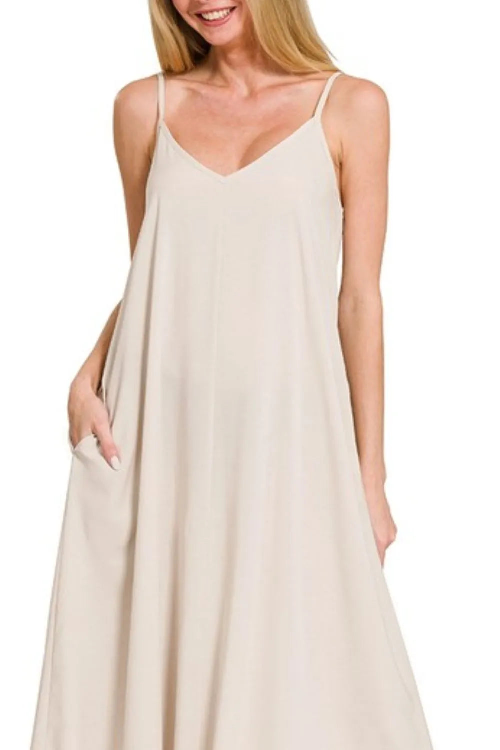 Woven Arc Hem Cami Dress With Flowy Pockets - Sand Beige - product view 2