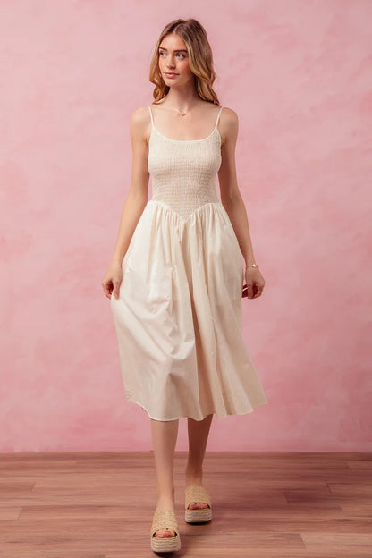 Smocked Sleeveless Casual Everyday Dress With Slit - Cream - product view 9