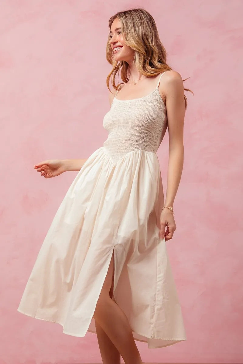 Smocked Sleeveless Casual Everyday Dress With Slit - Cream - product view 8