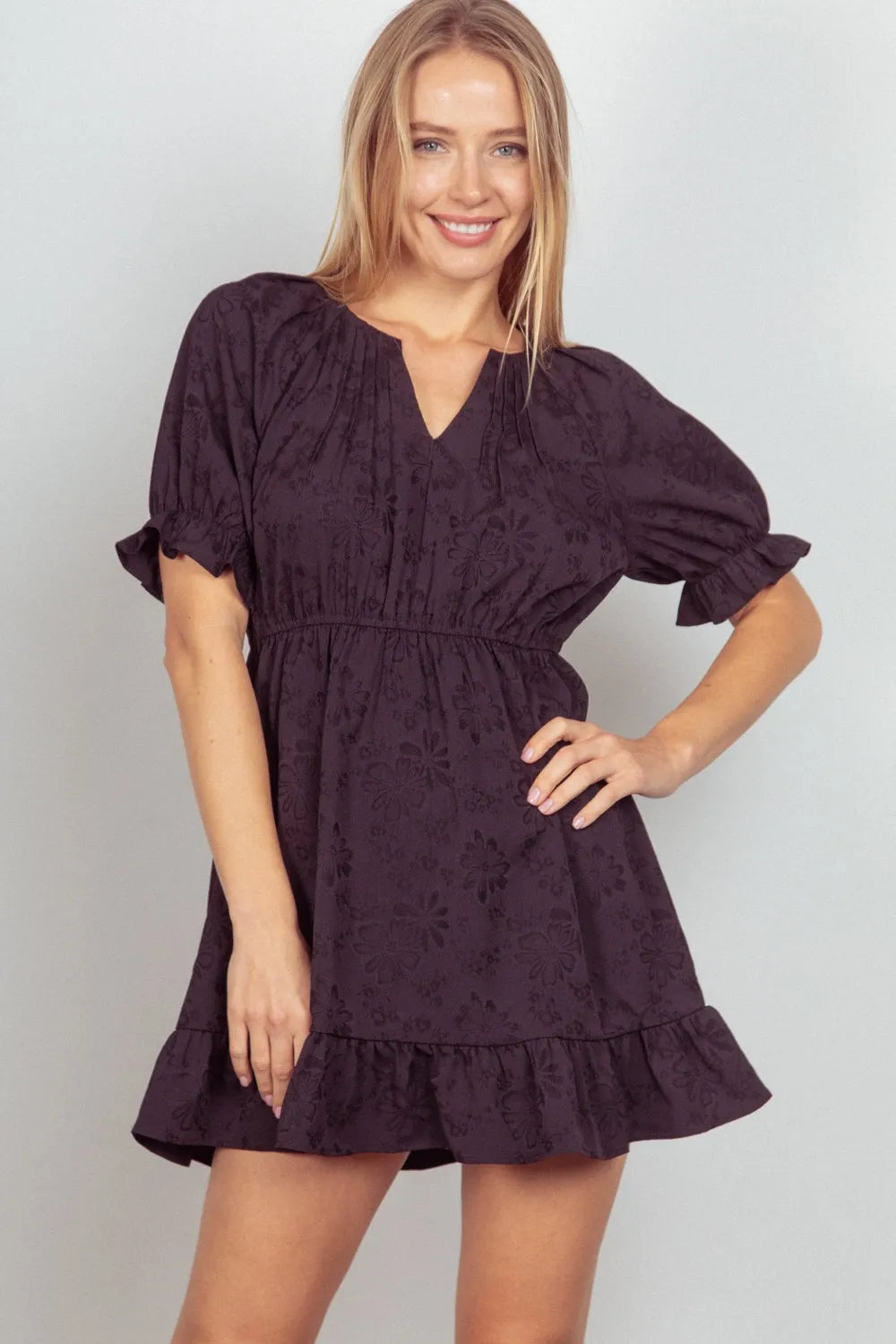 Floral Textured Woven Ruffled Mini Dress in Black - product view 1