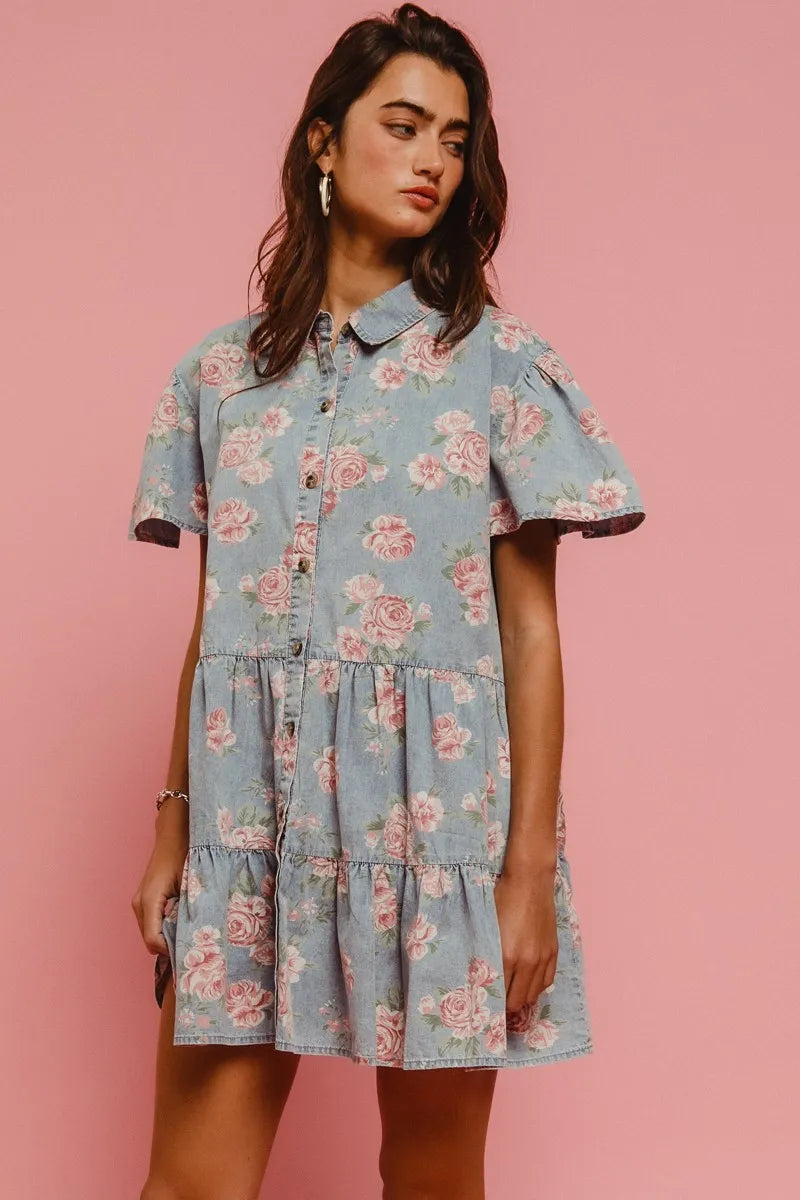 Floral Print Washed Lightweight Tiered Shirt Dress in Lt Denim - product view 3