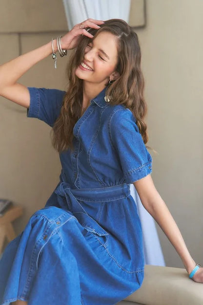 Tiered Button Down Tie Waist Short Sleeve Denim Dress in Dark - product view 7