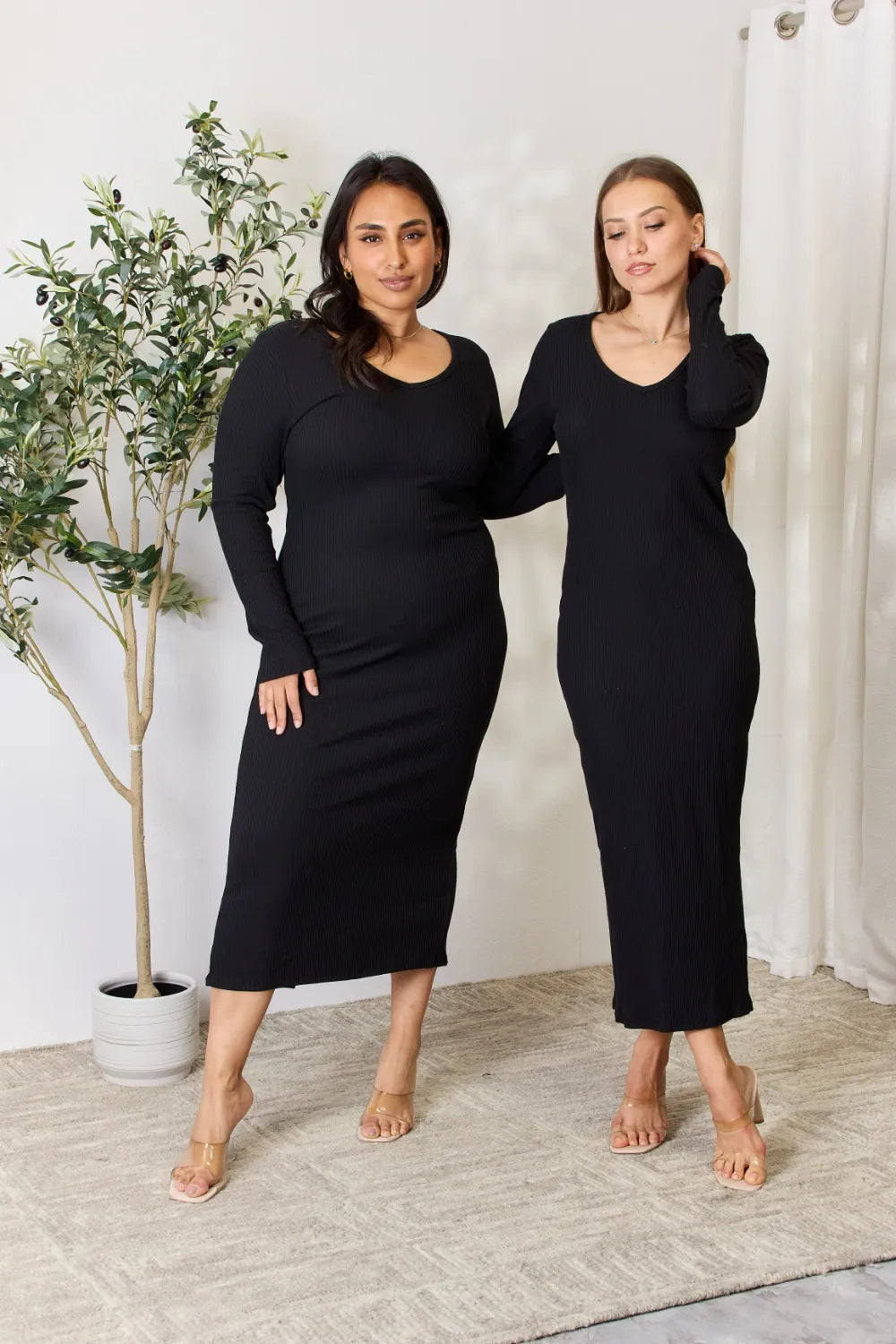 Full Size Ribbed Long Sleeve Midi Slit Dress in Black - product view 12