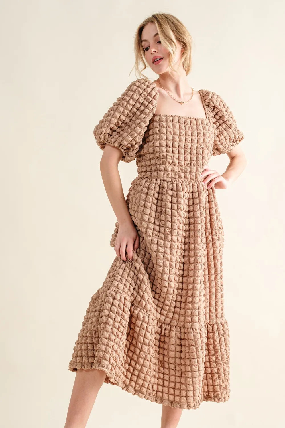 Full Size Square Neck Puff Sleeve Dress in Latte - product view 1