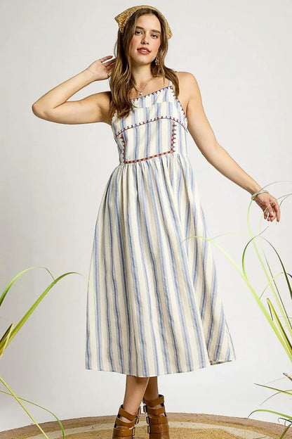 Striped Colorful Embroidered Trim Cami Dress - Light Blue - product view 1