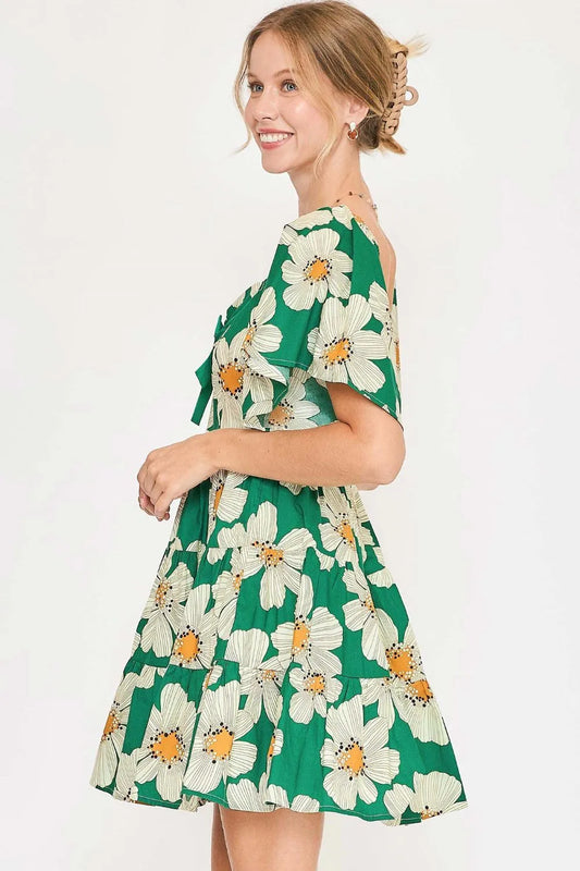 Full Size Daisy Print Mini Dress with Ribbon Details Plus Size in Green - product view 2