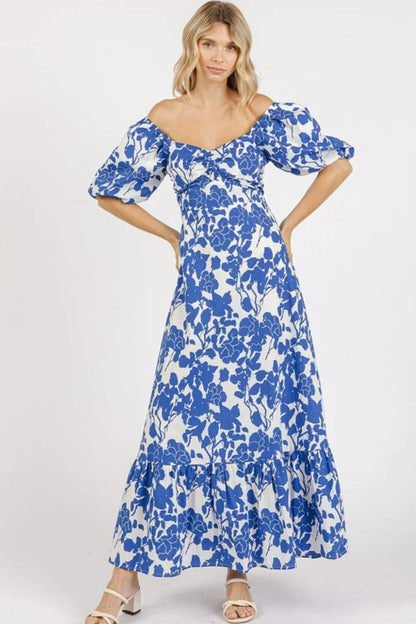 Cutout Back Floral Sweetheart Neck Puff Sleeve Dress in Royal - product view 6