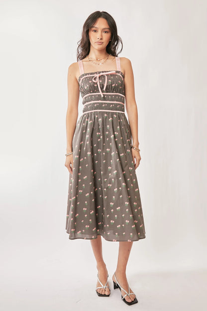 Contrast Velvet Tape Smocking Bodice Midi Dress in Mocha Brown - product view 2