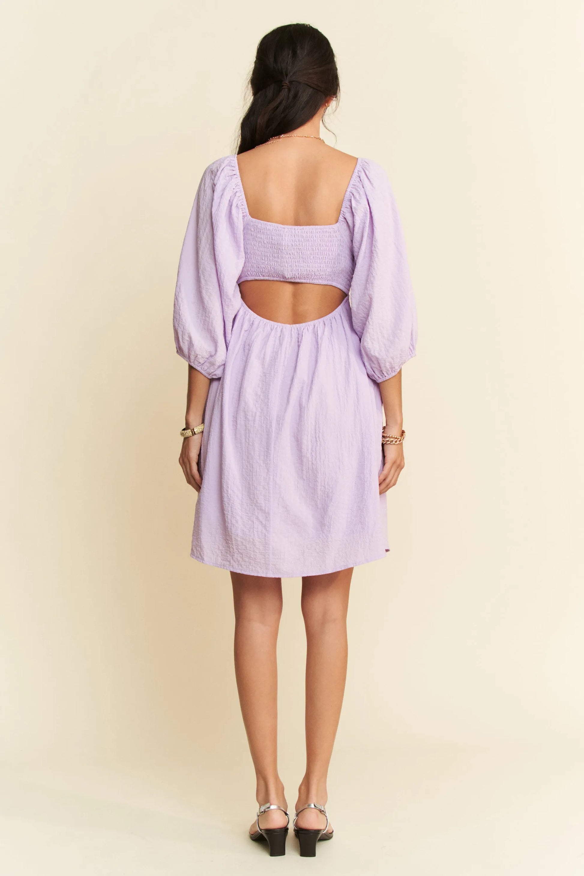Self-Tie Puff Sleeve Smocking Open Back Mini Dress in Lavender - product view 7