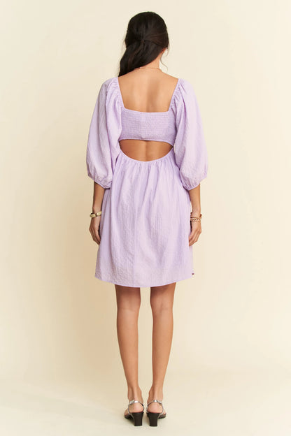 Self-Tie Puff Sleeve Smocking Open Back Mini Dress in Lavender - product view 7