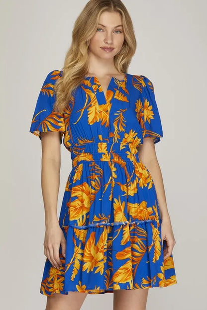 Full Size Printed Notched Short Sleeve Frill Tiered Dress Plus Size - Royal Blue - product view 1