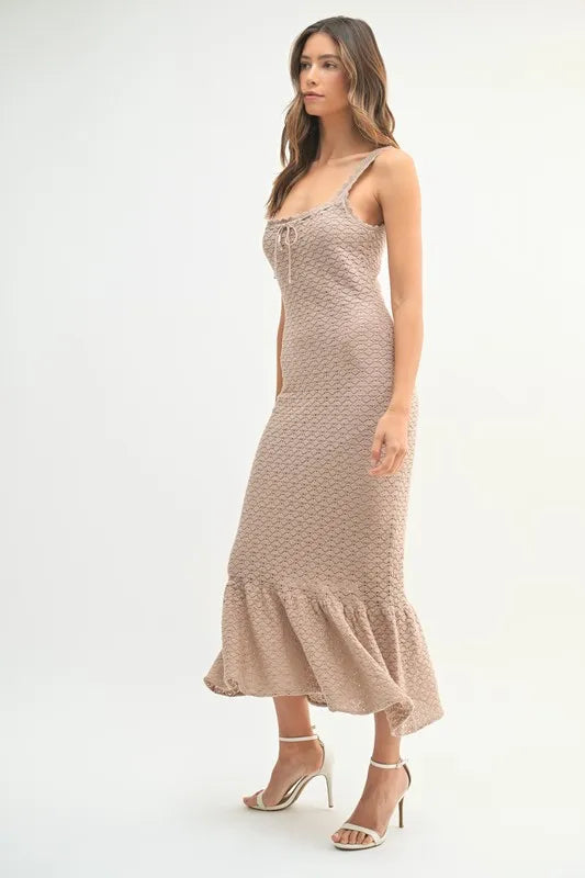 Ruffled Hem Sleeveless Crochet Knit Midi Dress in Mocha - product view 6