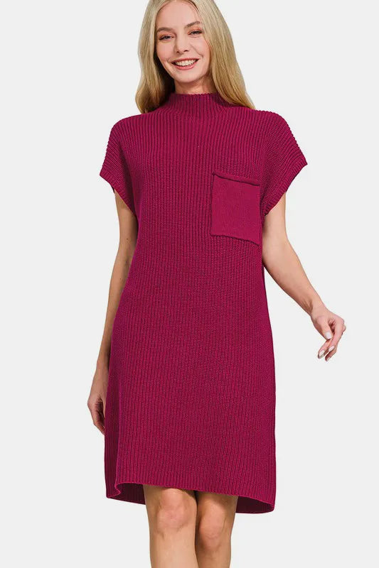 Mock Neck Short Sleeve Sweater Dress - Cabernet - product view 1