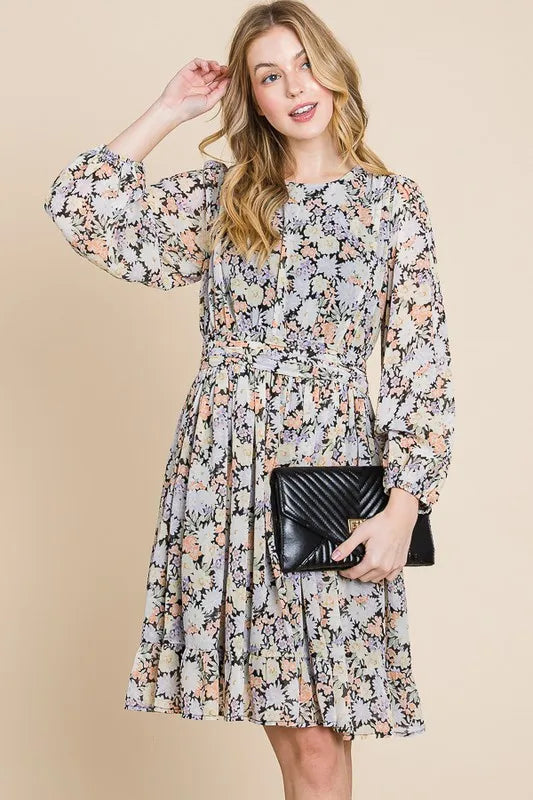 Chiffon Floral Print Belted Dress with Back Zipper - Black Floral - product view 1
