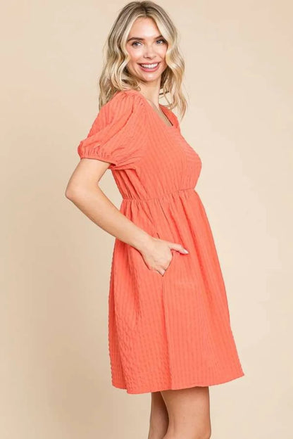 Textured Square Neck Short Sleeve Dress in Sugar Coral - product view 3