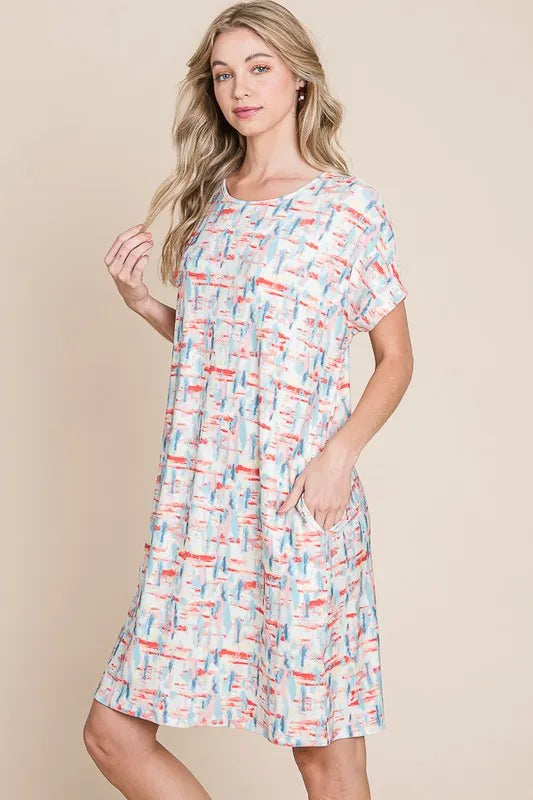 Printed Round Neck Short Sleeve Tee Dress in Red - product view 3