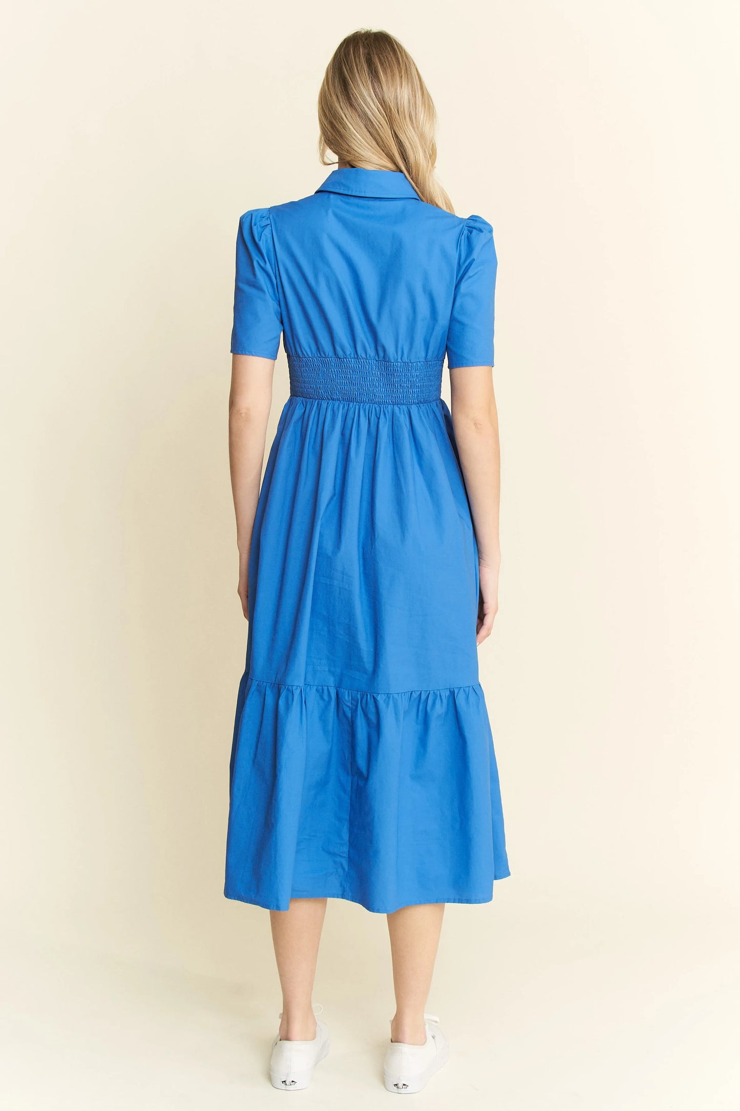 Short Sleeve Button Down Midi Dress in Blue - product view 9
