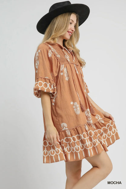 Boarder Print Tassel Tie Neck Mini Dress in Mocha - product view 2