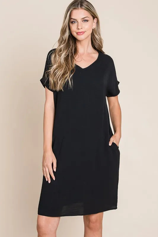 V-Neck Short Sleeve Dress with Pockets - Black - product view 1