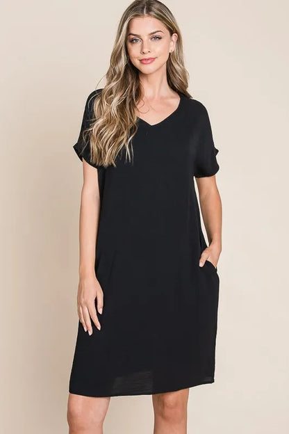 V-Neck Short Sleeve Dress with Pockets - Black - product view 1