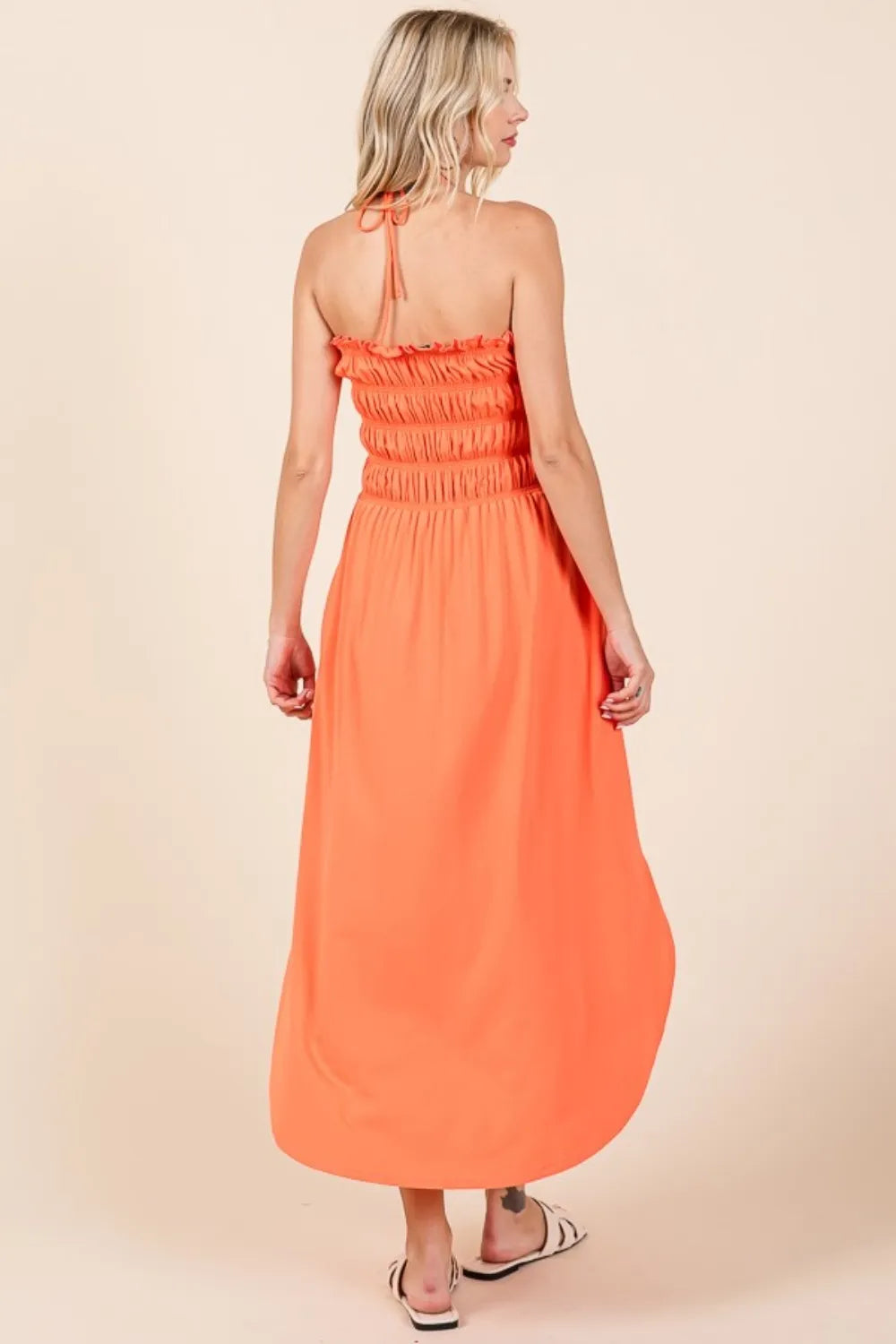 Tie Back Shirring Dress with Pockets - Living Coral - product view 2