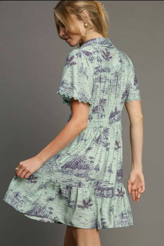 Full Size Landscape Print Collared Mini Dress Plus Size - Light Green - product view 2