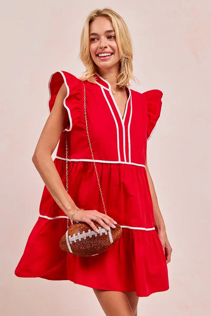 Gameday Theme Contrast Binding Ruffled Dress - Red - product view 9