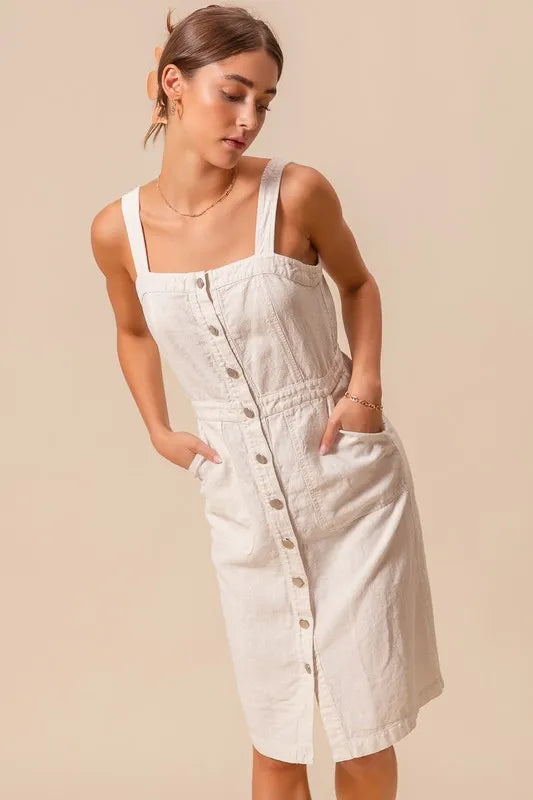 Button Down Pocket Front Pinafore Dress - Off White - product view 12