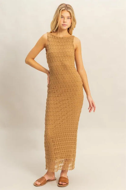 Sleeveless Crochet Open Back Maxi Dress in L.Brown - product view 5