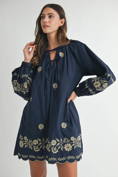 Embroidered Long Sleeve Peasant Mini Dress in Navy - product view 3