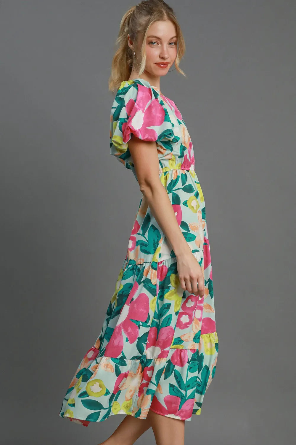 Full Size Tiered Floral Print Notched Puff Sleeve Midi Dress Plus Size - Mintmix - product view 3