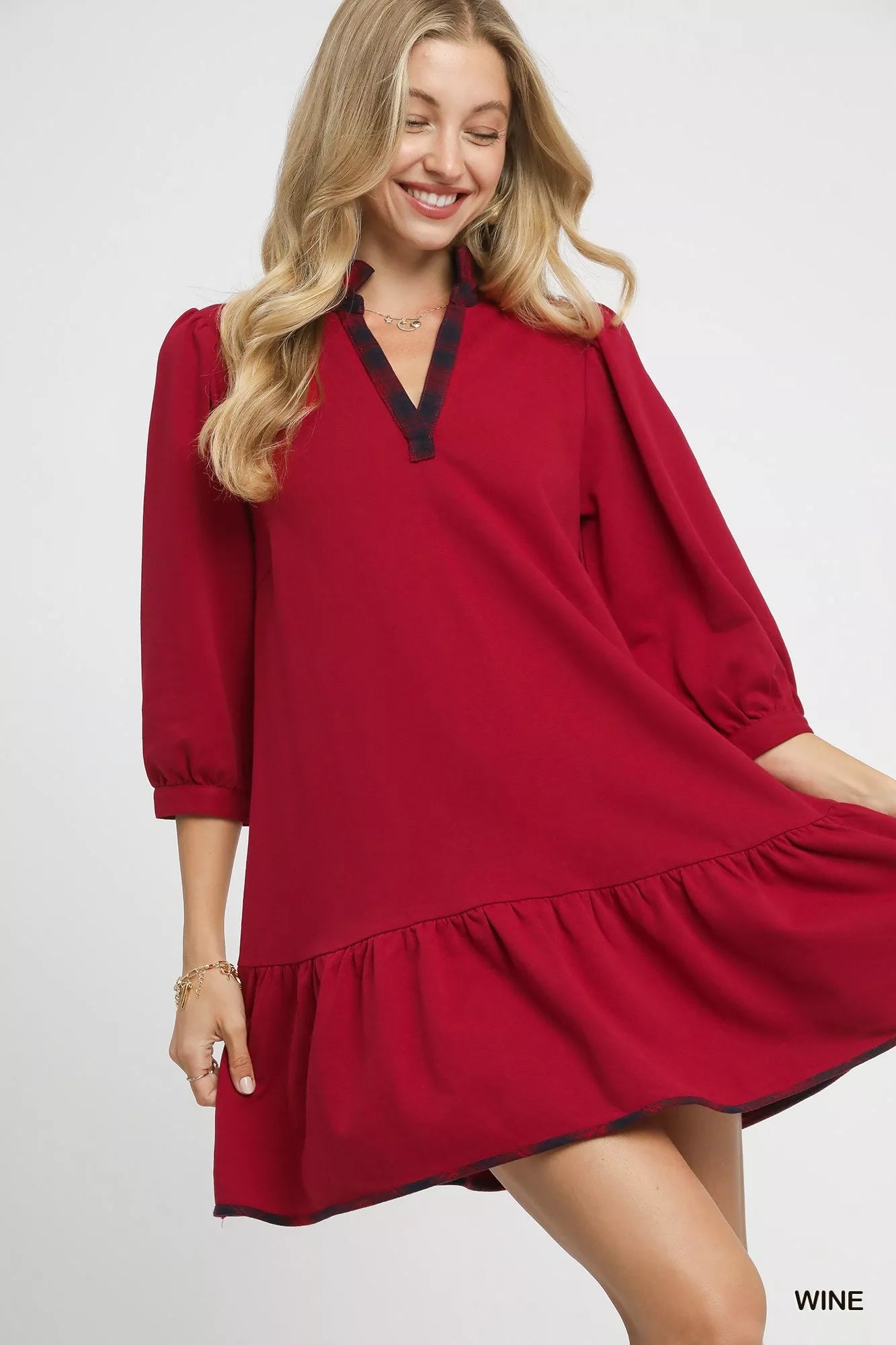 French Terry Ruffle Hem Dress with Plaid Trim - Wine - product view 1