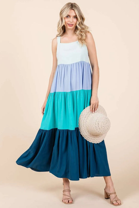 Color Block Tiered Pull-On Maxi Dress - Blue Multi - product view 1