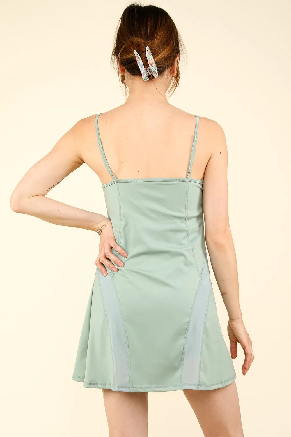 Mesh Detail Tennis Mini Active Dress with Shorts Inside - Sage - product view 2