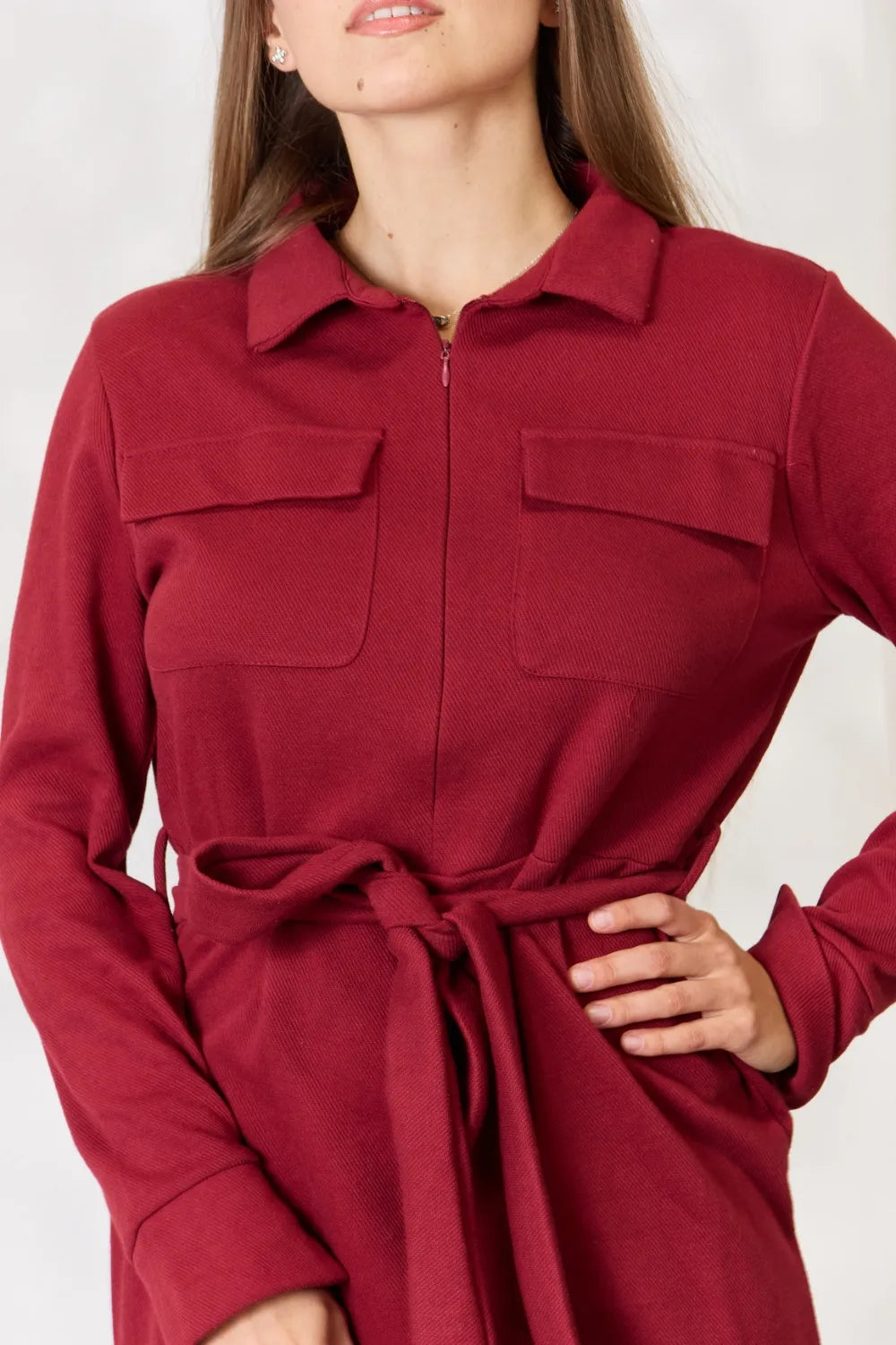 Full Size Tie Front Half Zip Long Sleeve Shirt Dress in Burgundy - product view 12
