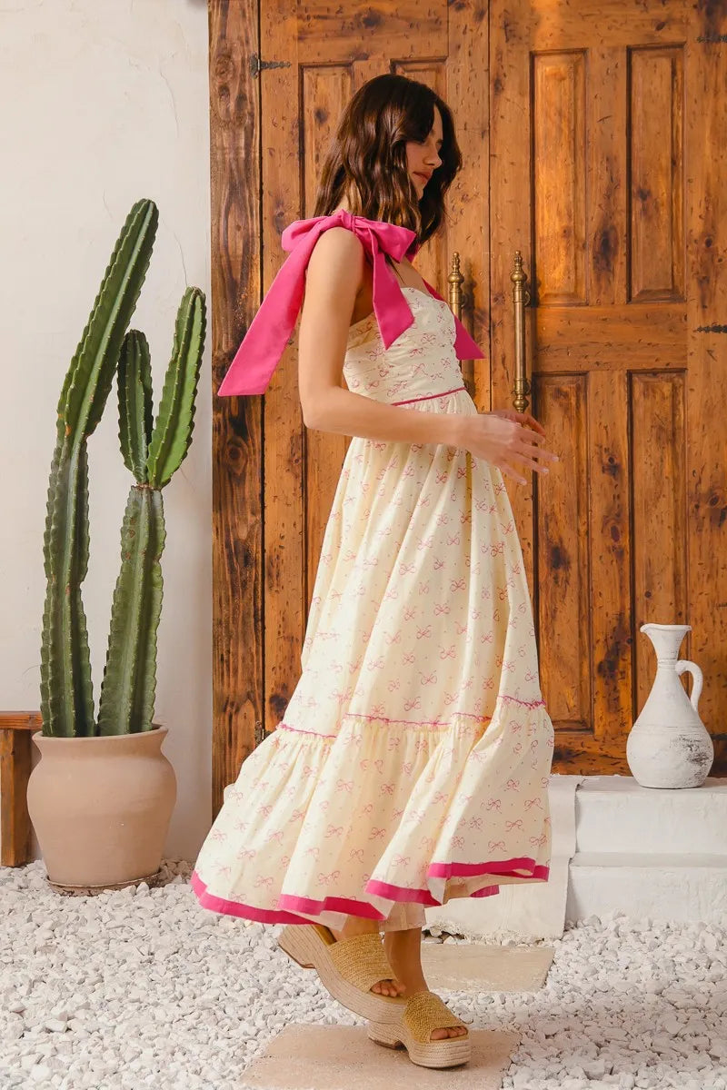 Ribbon Flowy Maxi Dress with Contrast Trim in Cream/Pink - product view 4