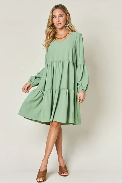 Full Size V-Neck Balloon Sleeve Tiered Dress with Pockets in Light Green, Pink and more - product view 5