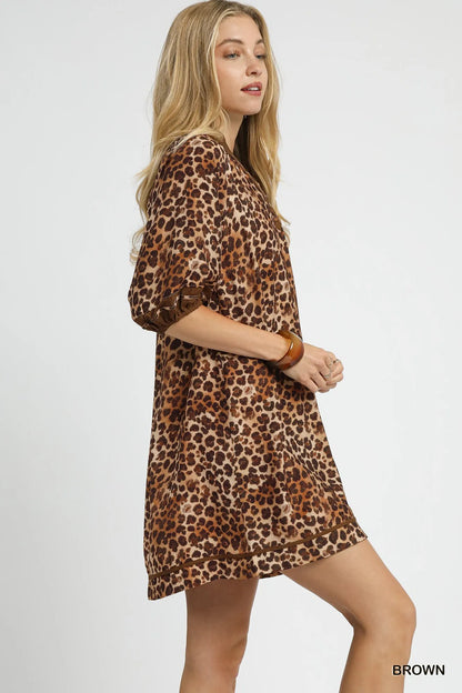 Full Size Leopard Print Mini Dress with Contrast Trim Plus Size - Brown - product view 3