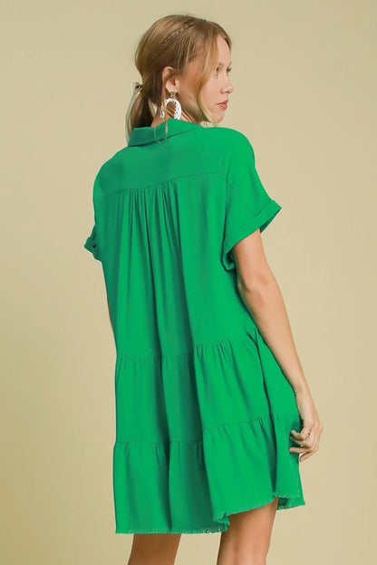 Full Size Raw Hem Folded Sleeve Tiered Dress Plus Size - Green - product view 2