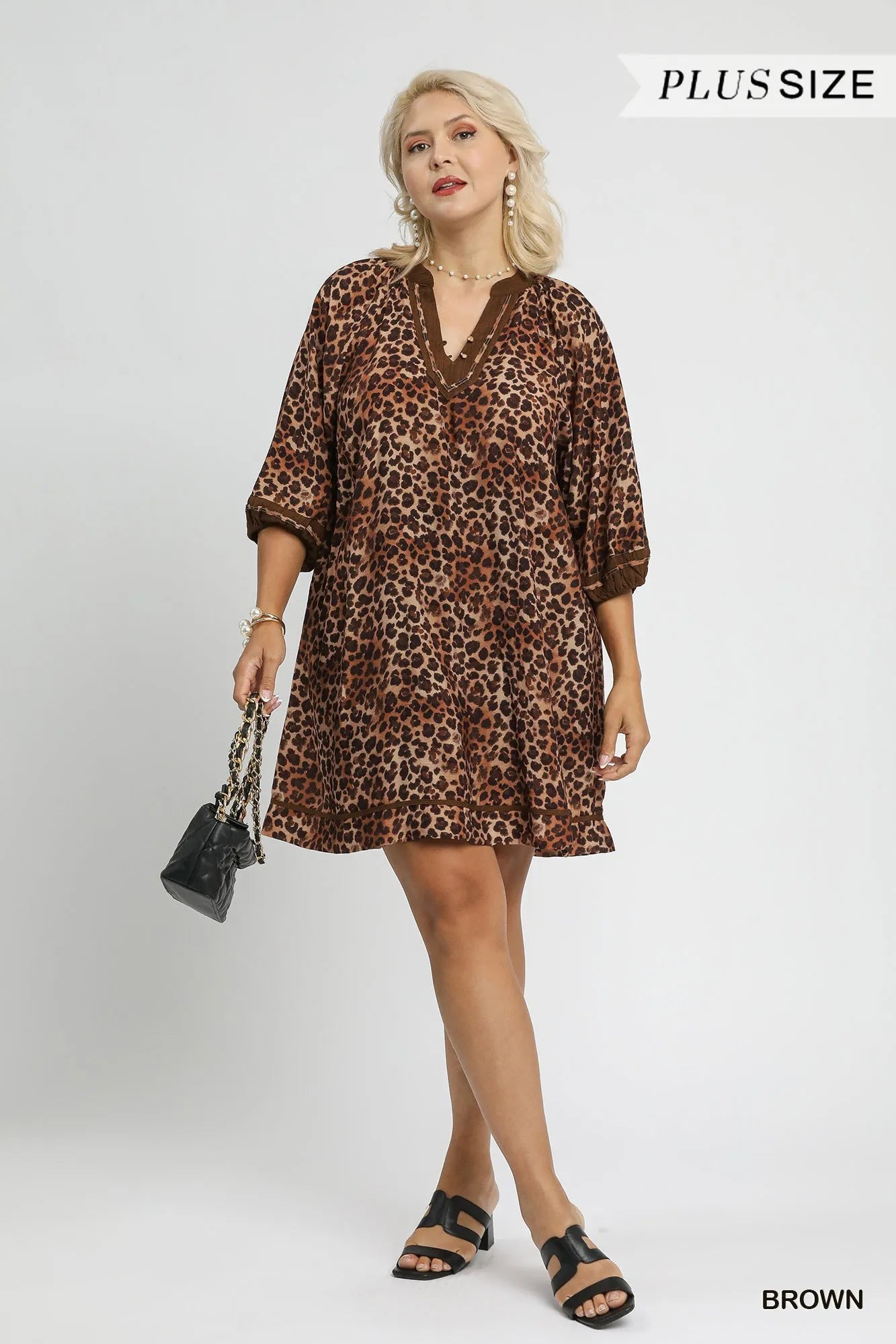 Full Size Leopard Print Mini Dress with Contrast Trim Plus Size - Brown - product view 6