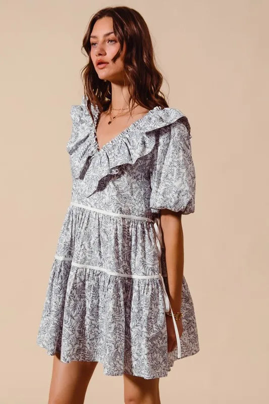Cotton Printed Ruffle V Neckline Dress with Side Tie in Off White/Navy - product view 6