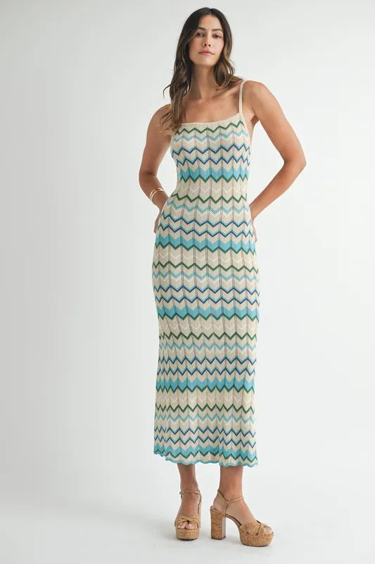Lightweight Pointelle Chevron Knit Maxi Dress - Aqua - product view 4