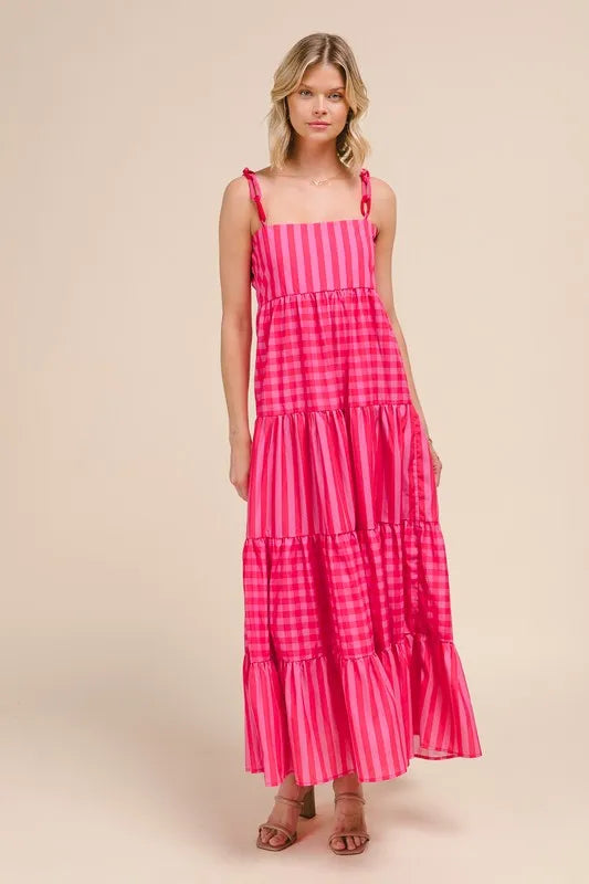 Stripe Tiered Maxi Dress with Colorful Chain Strap in Pink/Red - product view 1