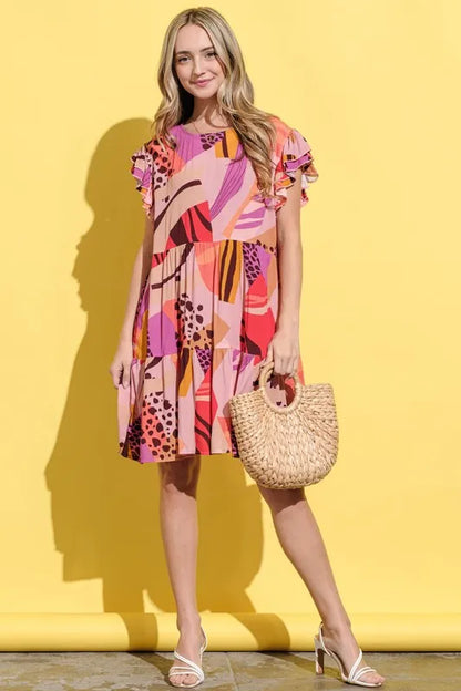 Printed Double Ruffles Sleeve Dress in Mauve - product view 4