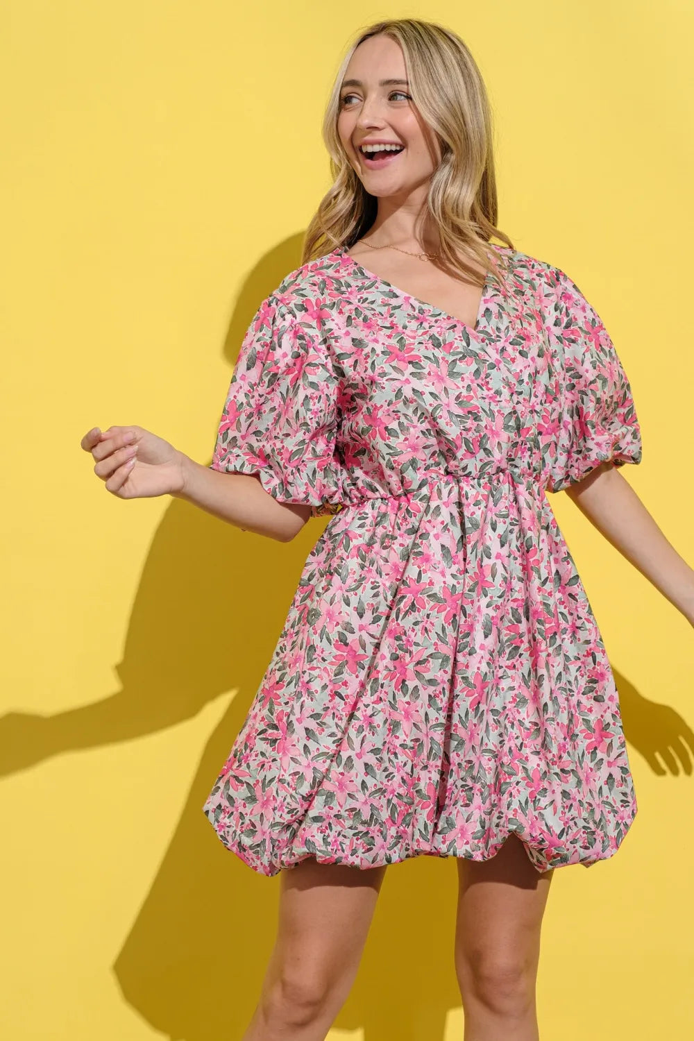 Full Size Floral Surplice Puff Sleeve Dress - Pink Multi - product view 1