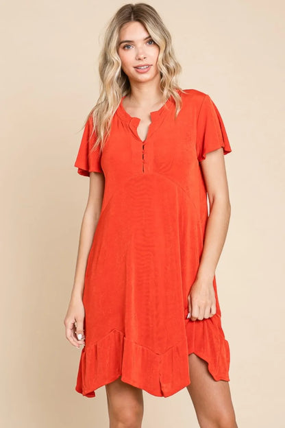 Full Size Short Sleeve Ruffled Asymmetric Hem Dress - Scarlet - product view 4