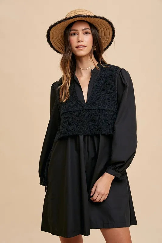 Crochet Vest Notched Long Sleeve Shirt Dress in Black - product view 4